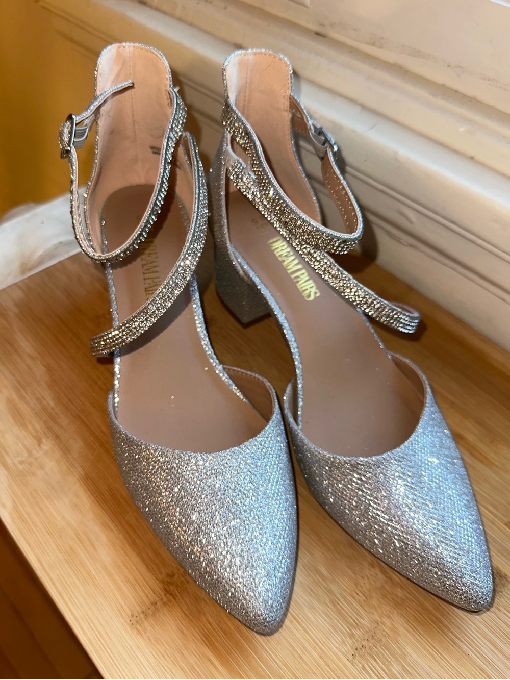 Dream Pairs Silver Glitter Rhinestone Ankle Strap Block Heels